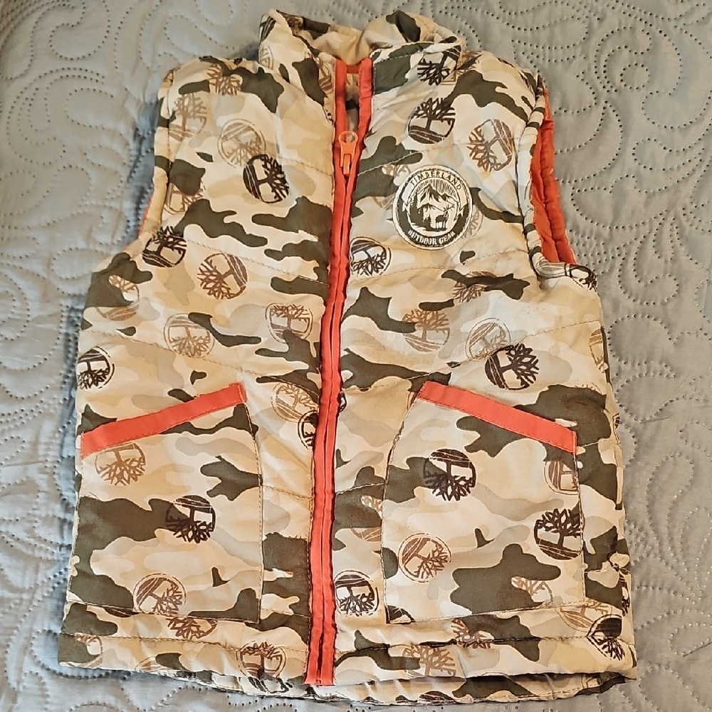 Timberland Boys Camo Puffer Vest with Orange Zipper